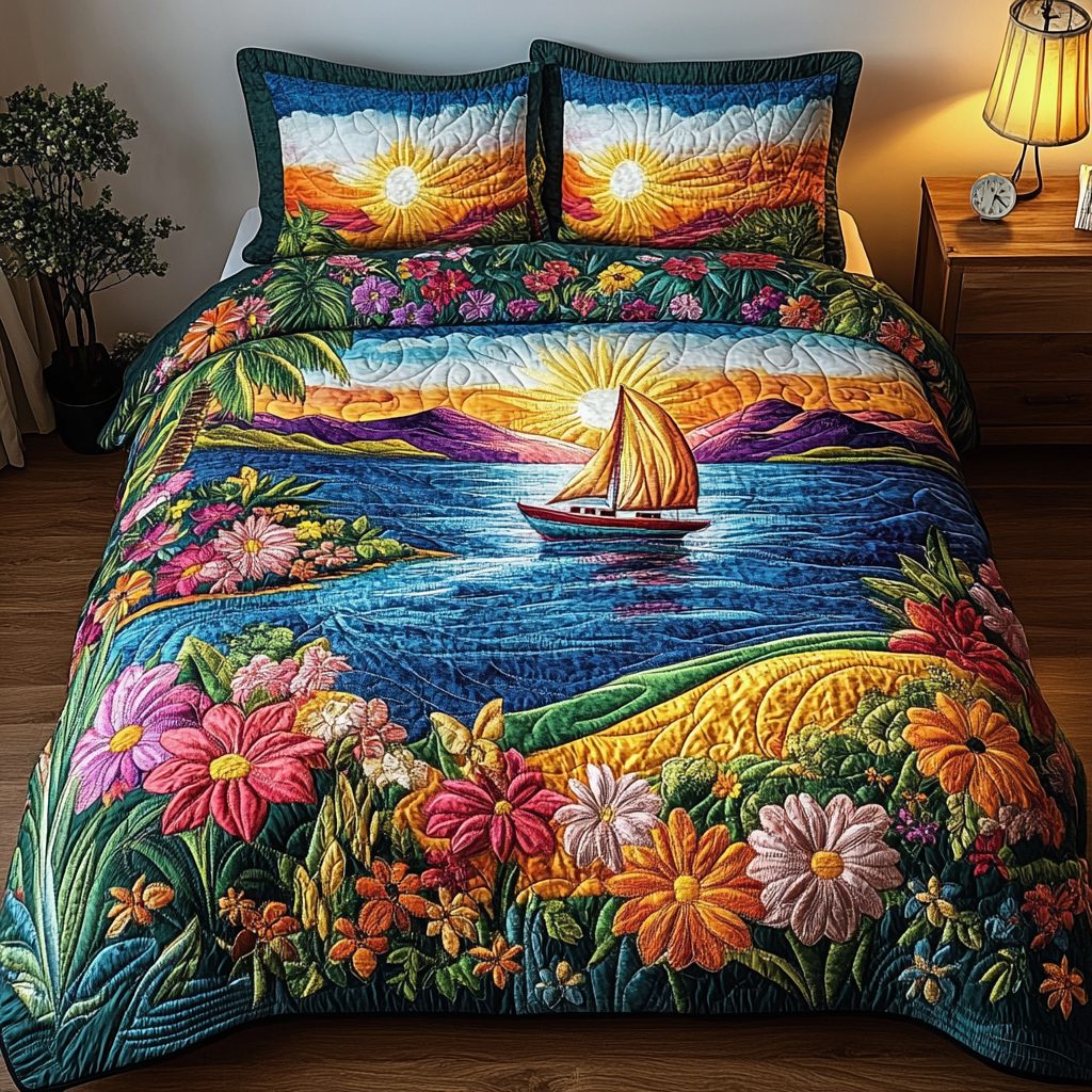 Beach Paradise quilted 3-piece bedding set on a made bed in a light coastal bedroom