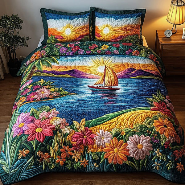 Beach Paradise quilted 3-piece bedding set on a made bed in a light coastal bedroom