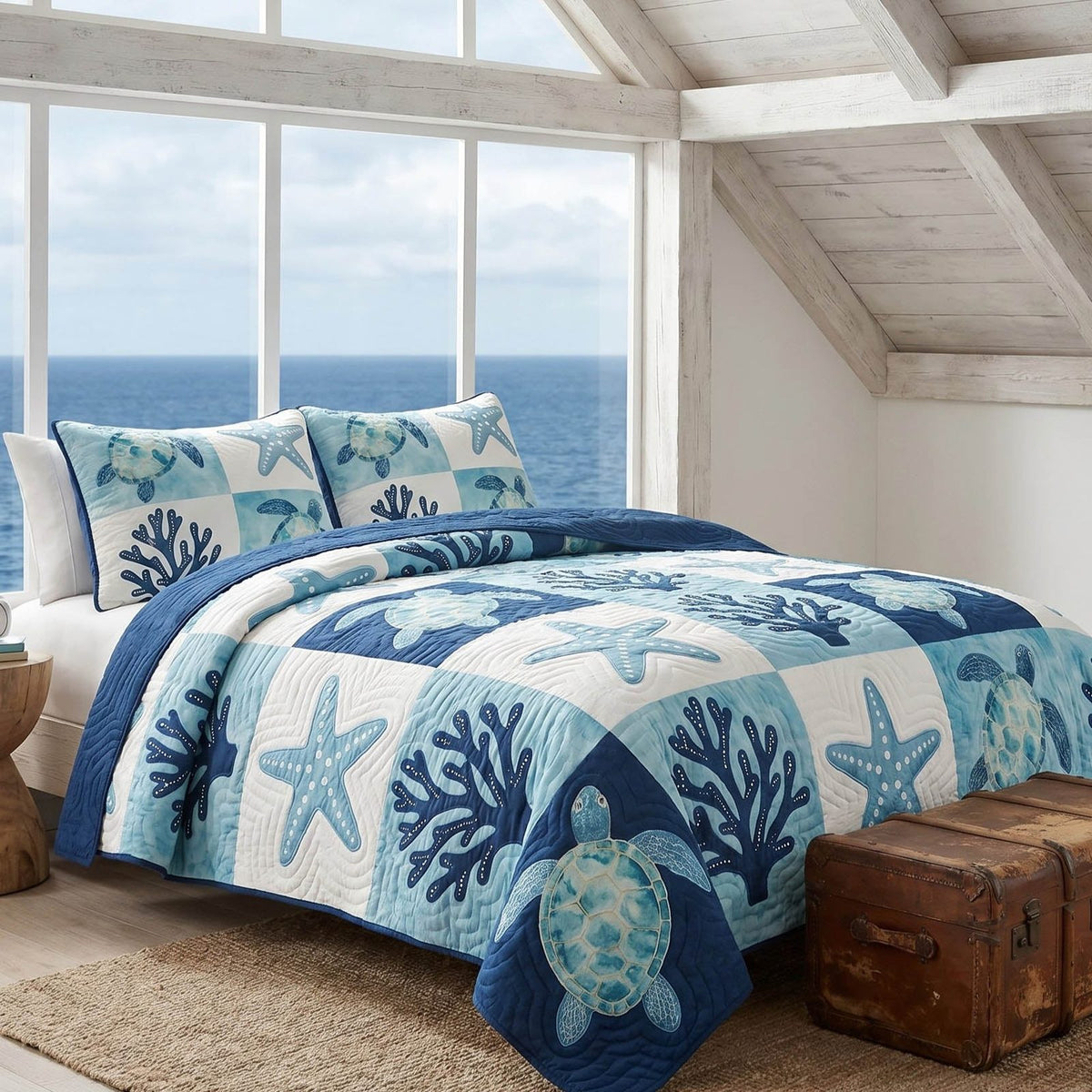 Beach Patch quilted 3-piece bedding set on a made bed in a light coastal bedroom