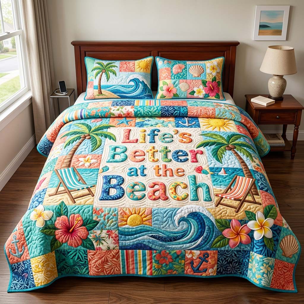 Beach Patchwork quilted 3-piece bedding set on a made bed in a light coastal bedroom