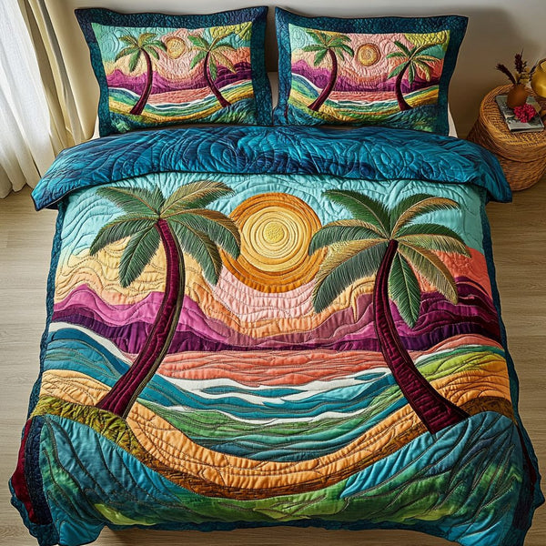 Beach Retreat quilted 3-piece bedding set on a made bed in a light coastal bedroom