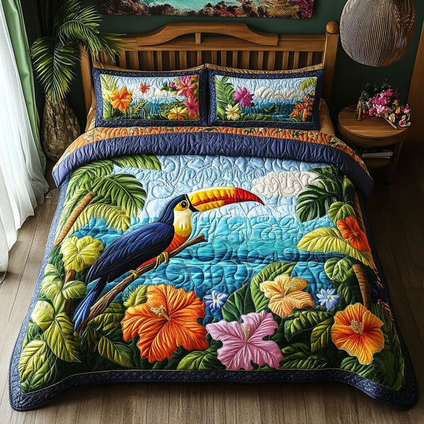 Beach Serenity quilted 3-piece bedding set on a made bed in a light coastal bedroom