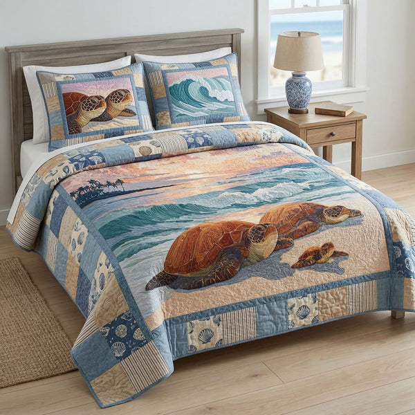Beach Turtle Family quilted 3-piece bedding set on a made bed in a light coastal bedroom