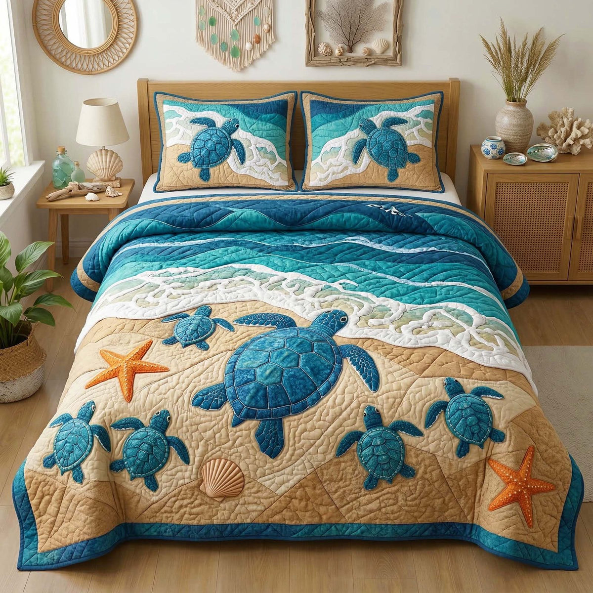 Beach Turtles quilted 3-piece bedding set on a made bed in a light coastal bedroom