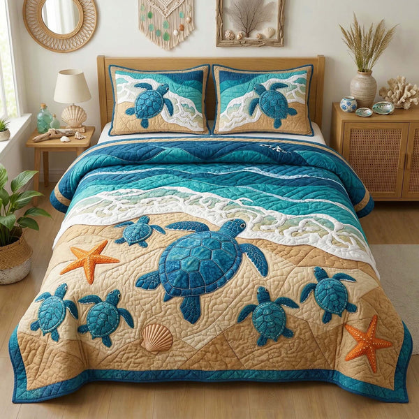 Beach Turtles quilted 3-piece bedding set on a made bed in a light coastal bedroom