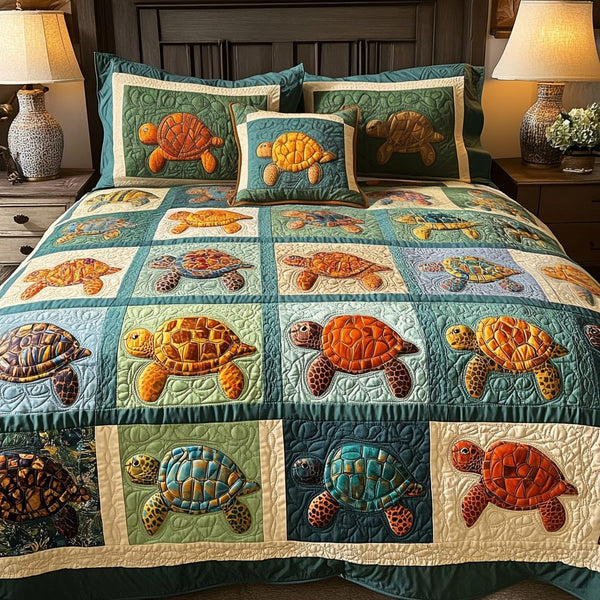 Beach Turtles quilted 3-piece bedding set on a made bed in a light coastal bedroom