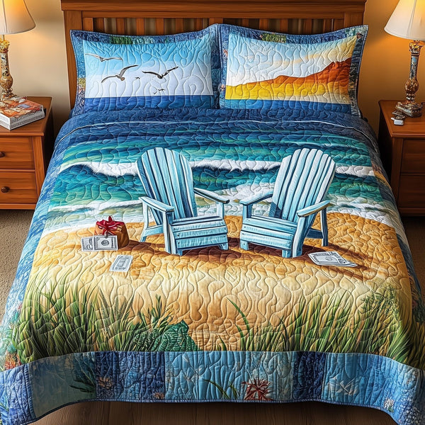 Beach Vibe quilted 3-piece bedding set on a made bed in a light coastal bedroom