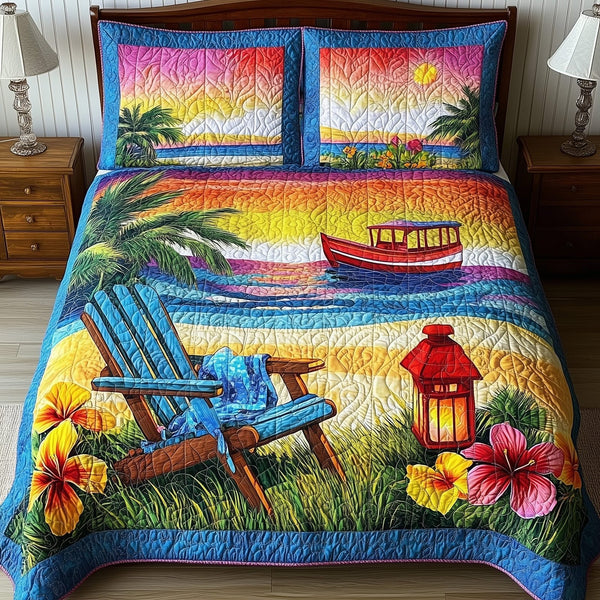 Beach Vibe quilted 3-piece bedding set on a made bed in a light coastal bedroom