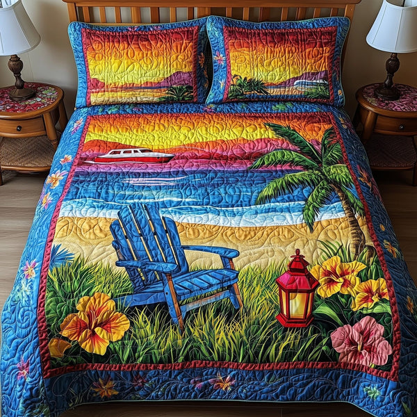 Beach Vibe quilted 3-piece bedding set on a made bed in a light coastal bedroom