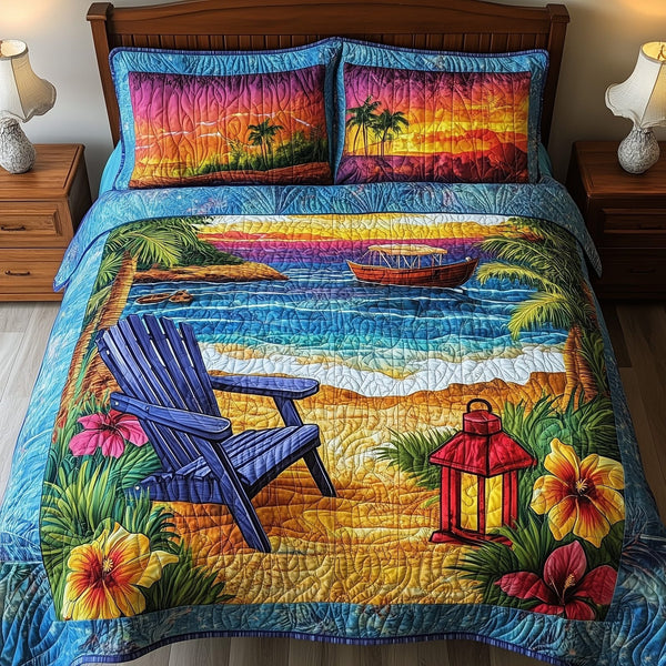 Beach Vibe quilted 3-piece bedding set on a made bed in a light coastal bedroom