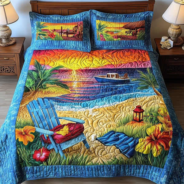Beach Vibe quilted 3-piece bedding set on a made bed in a light coastal bedroom