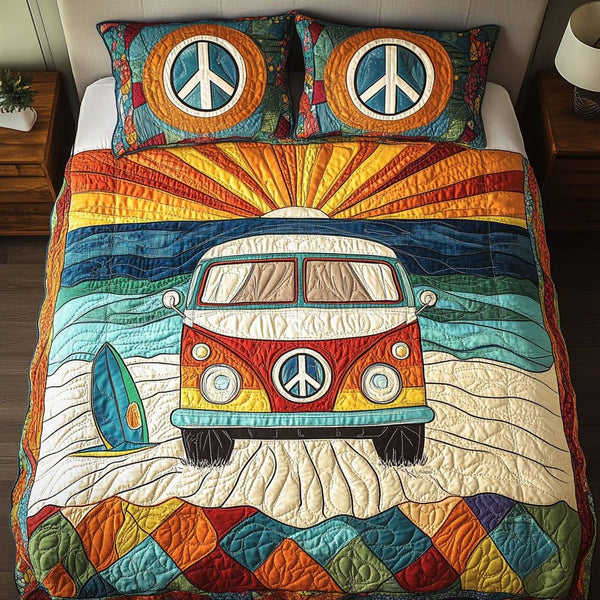 Beach Vibes quilted 3-piece bedding set on a made bed in a light coastal bedroom