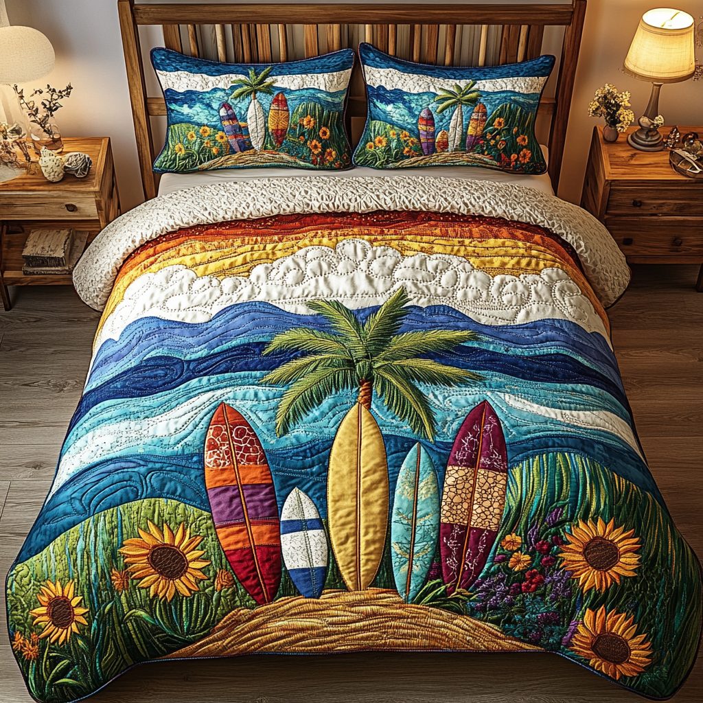 Beach Vibes quilted 3-piece bedding set on a made bed in a light coastal bedroom