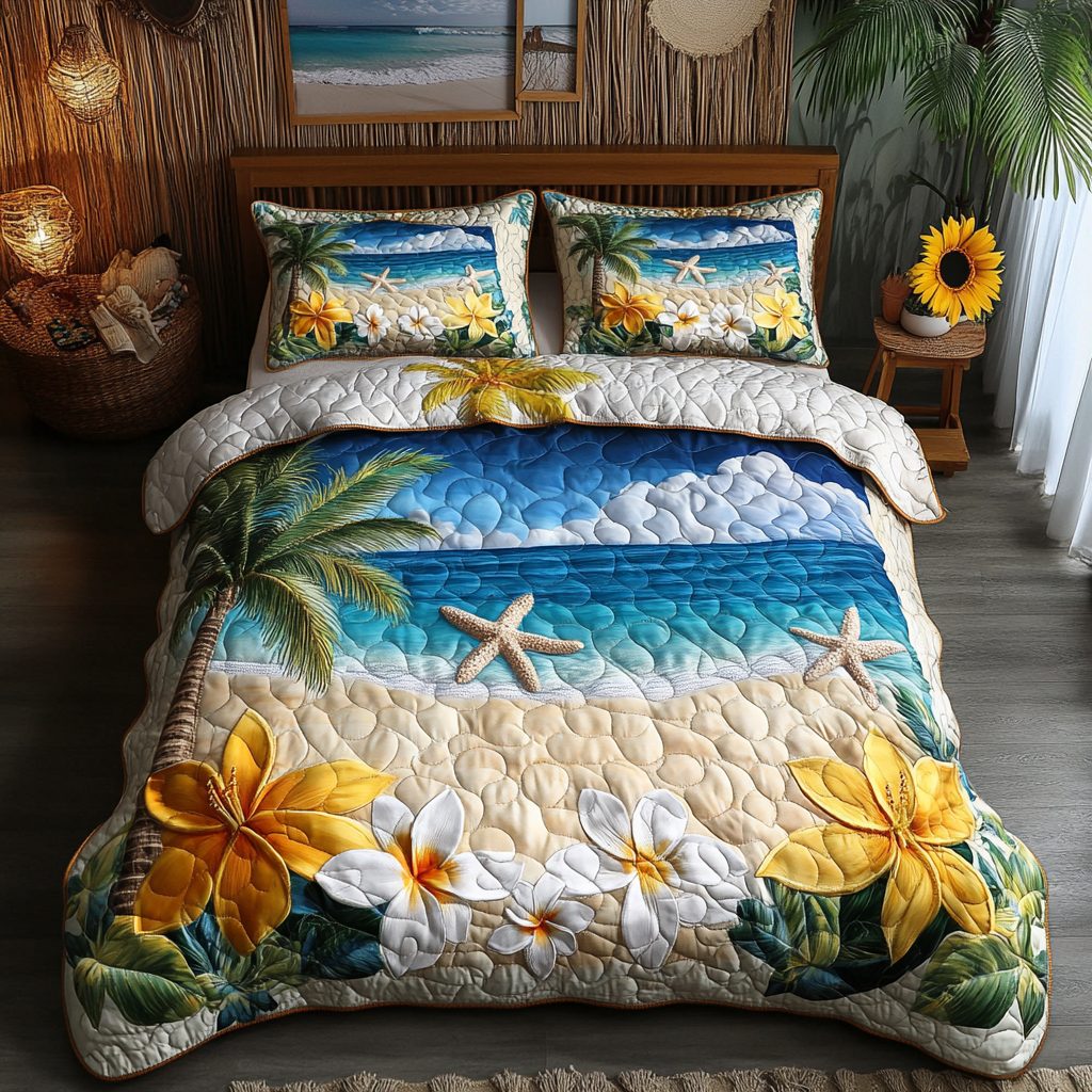 Beach Vibes quilted 3-piece bedding set on a made bed in a light coastal bedroom