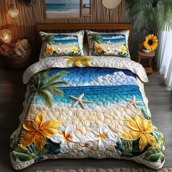 Beach Vibes quilted 3-piece bedding set on a made bed in a light coastal bedroom
