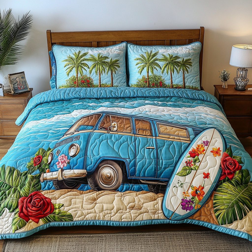 Beach Vibes quilted 3-piece bedding set on a made bed in a light coastal bedroom