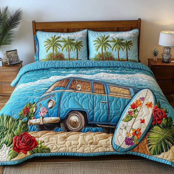 Beach Vibes quilted 3-piece bedding set on a made bed in a light coastal bedroom