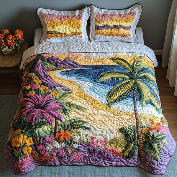 Beachcomber Bliss quilted 3-piece bedding set on a made bed in a light coastal bedroom