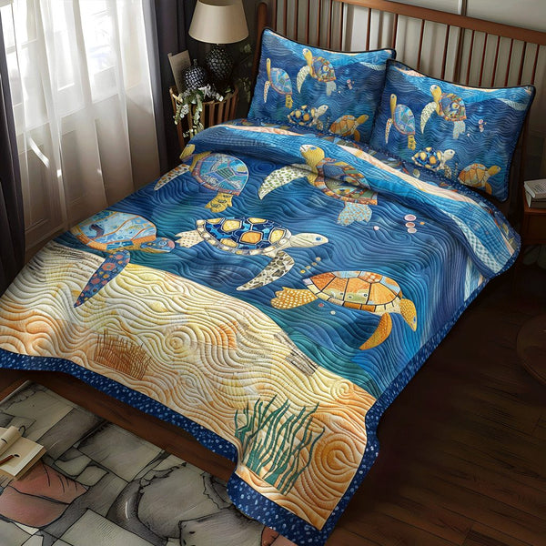 Beachcomber Turtles quilted 3-piece bedding set on a made bed in a light coastal bedroom