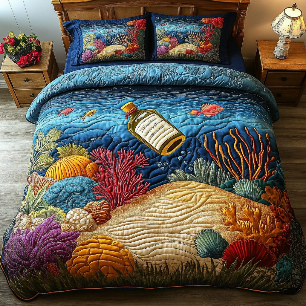 Beachfront Beauty quilted 3-piece bedding set on a made bed in a light coastal bedroom