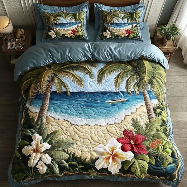 Beachfront Serenity quilted 3-piece bedding set on a made bed in a light coastal bedroom