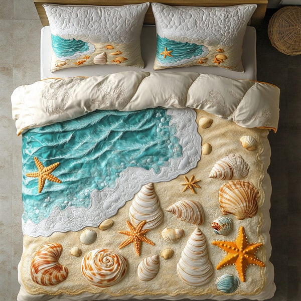 Beachside Bliss quilted 3-piece bedding set on a made bed in a light coastal bedroom