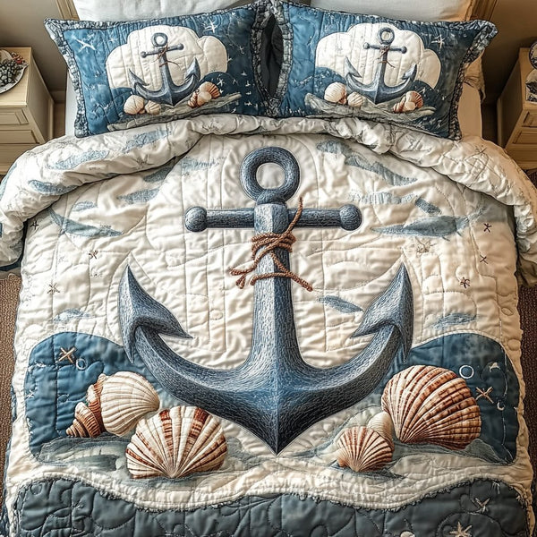 Beachside Escape quilted 3-piece bedding set on a made bed in a light coastal bedroom