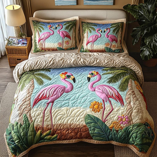 Beachside Flamingos quilted 3-piece bedding set on a made bed in a light coastal bedroom