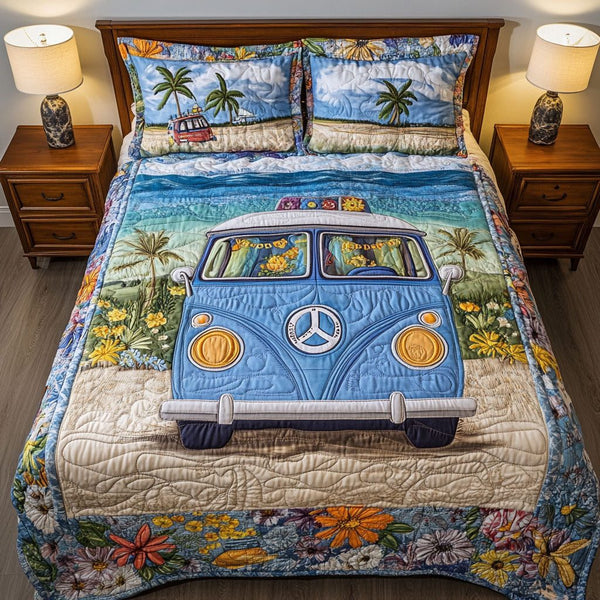 Beachside Freedom quilted 3-piece bedding set on a made bed in a warmly lit bedroom