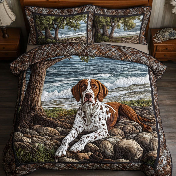 Beachside Pointer quilted 3-piece bedding set on a made bed in a light coastal bedroom