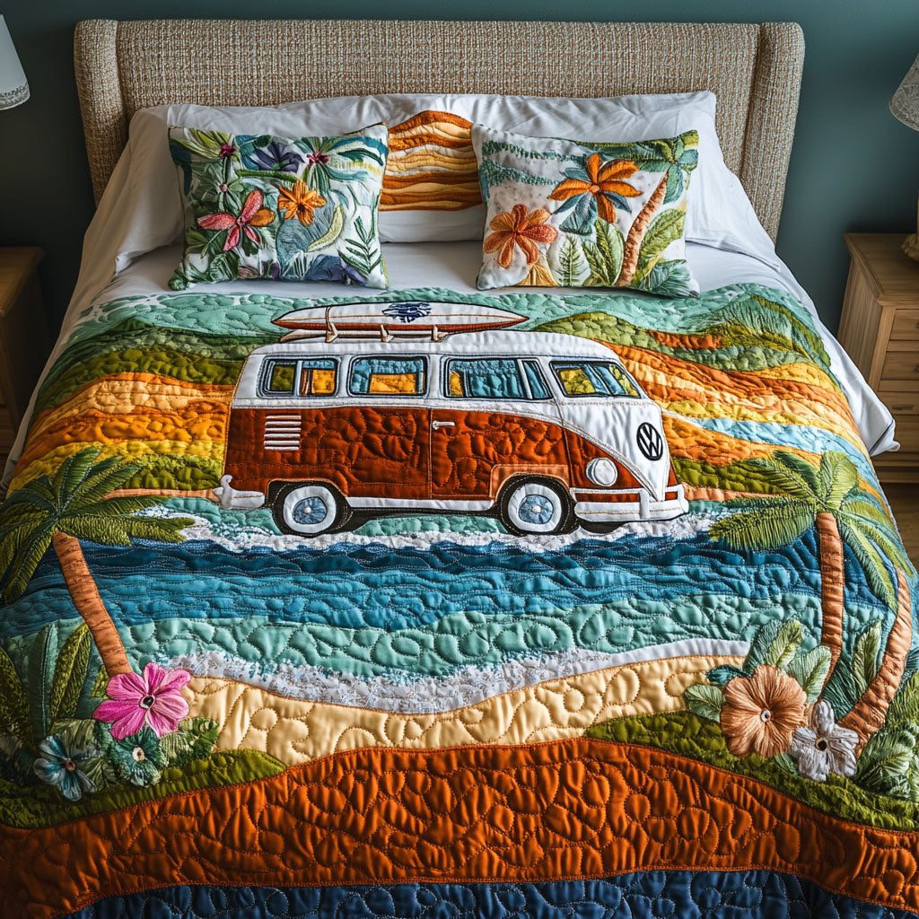 Beachside Roadtrip quilted 3-piece bedding set on a made bed in a light coastal bedroom