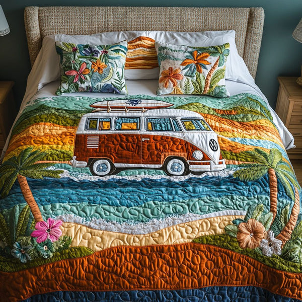 Beachside Roadtrip quilted 3-piece bedding set on a made bed in a light coastal bedroom