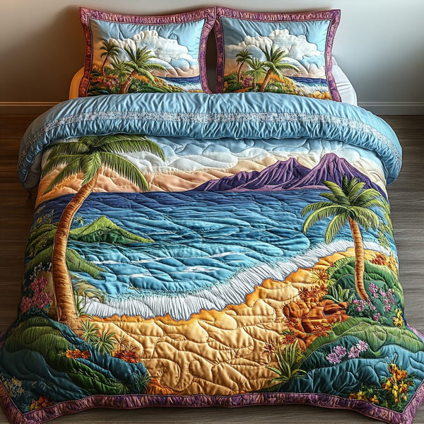 Beachside Serenity quilted 3-piece bedding set on a made bed in a light coastal bedroom
