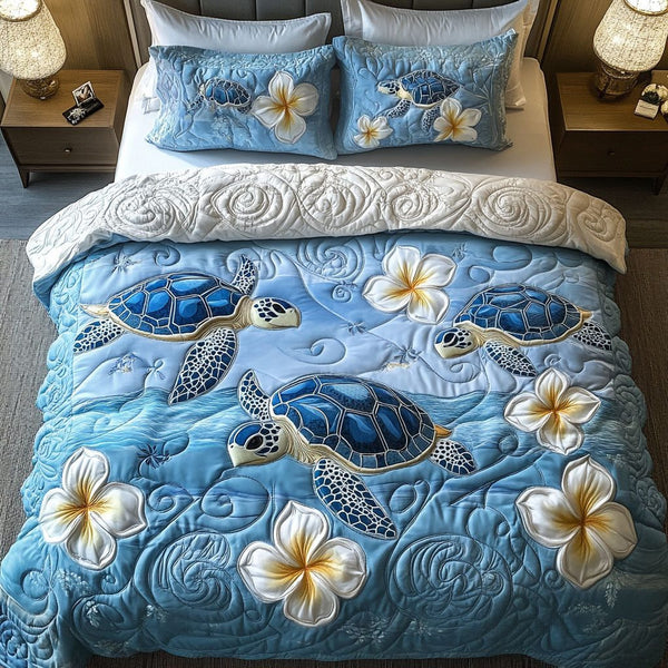 Beachside Turtle Bliss quilted 3-piece bedding set on a made bed in a light coastal bedroom