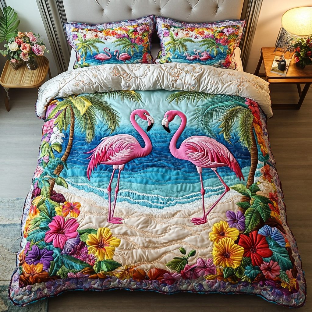 Beachy Flamingo quilted 3-piece bedding set on a made bed in a light coastal bedroom
