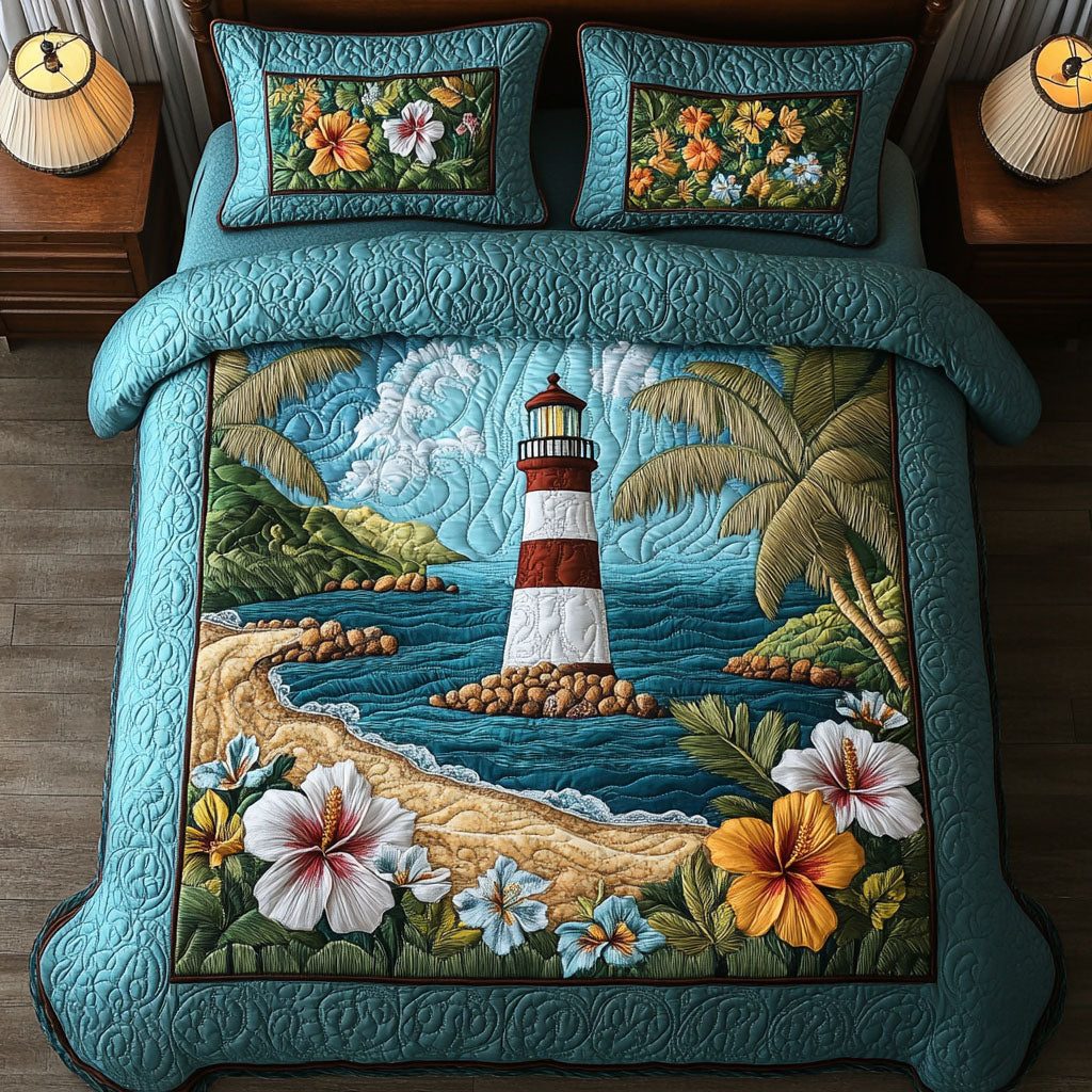 Beacon Bay quilted 3-piece bedding set on a made bed in a light coastal bedroom