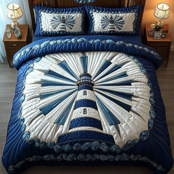 Beacon Glow quilted 3-piece bedding set on a made bed with two matching pillow shams