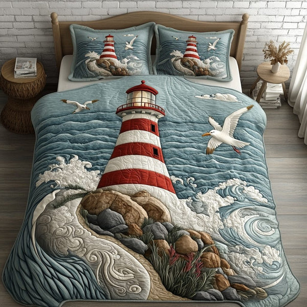 Beacon Light quilted 3-piece bedding set on a made bed with two matching pillow shams