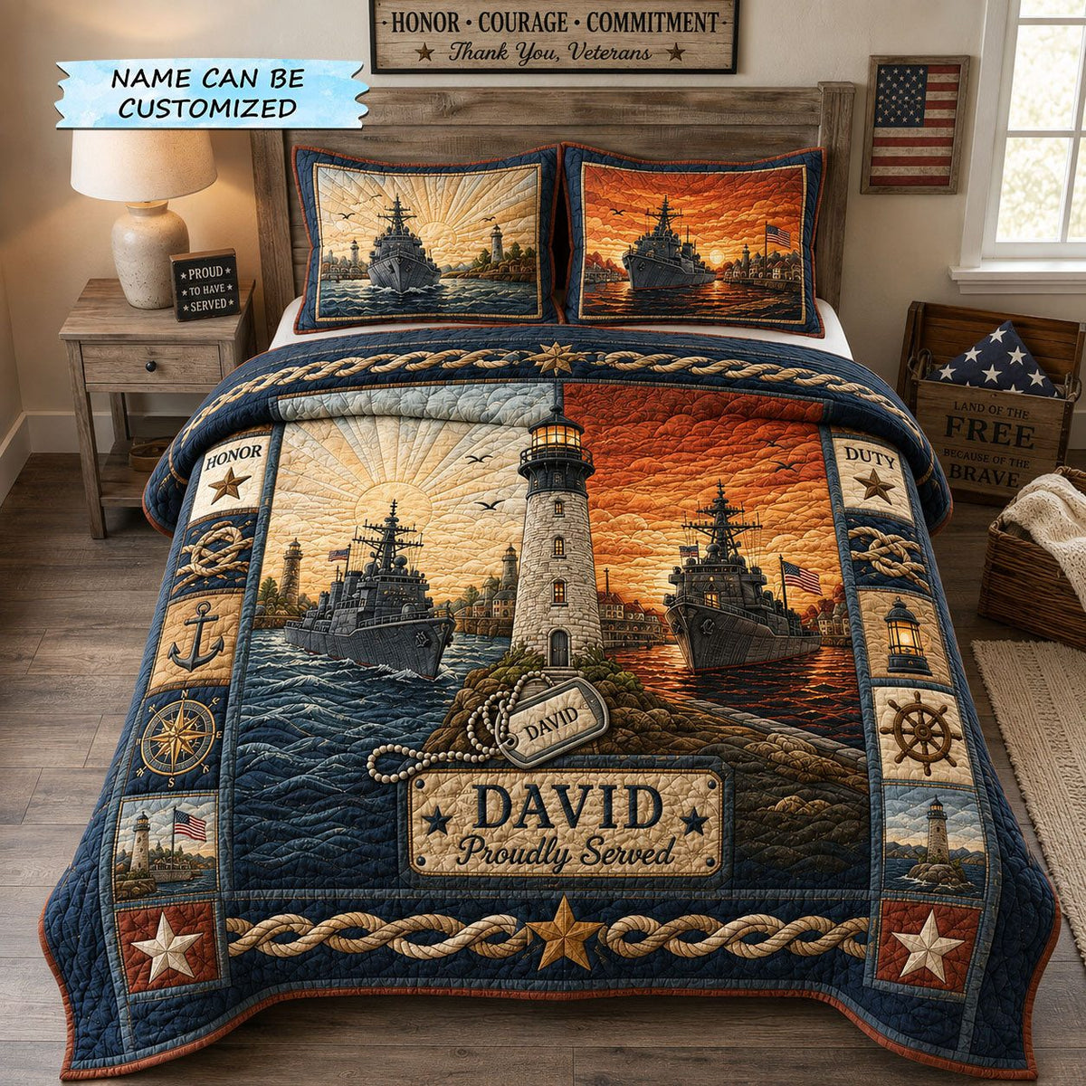 Beacon of Duty quilted 3-piece bedding set on a made bed with two matching pillow shams