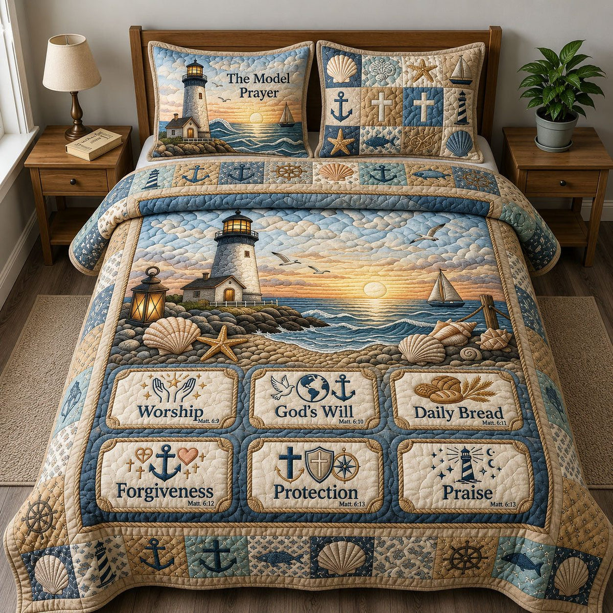 Beacon Of Hope Bible Quote quilted 3-piece bedding set on a made bed in a softly lit bedroom