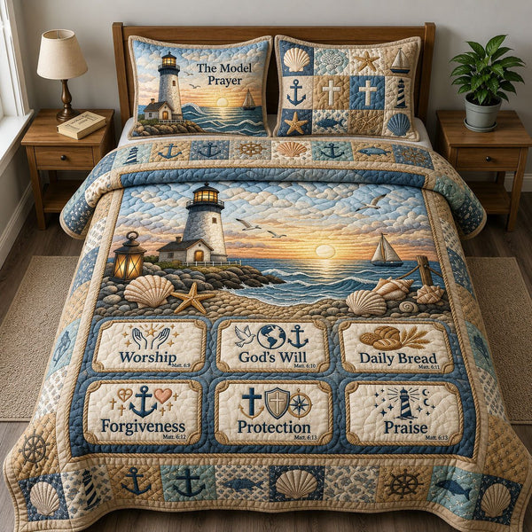 Beacon Of Hope Bible Quote quilted 3-piece bedding set on a made bed in a softly lit bedroom