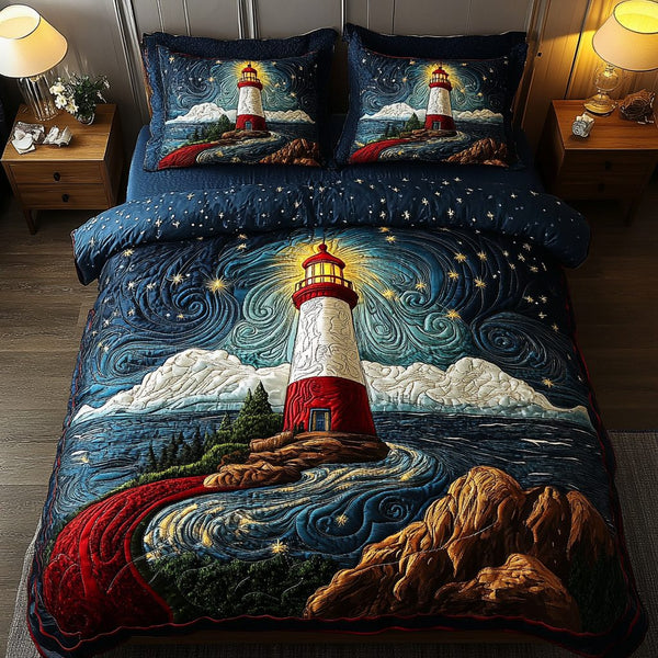 Beacon of Hope quilted 3-piece bedding set on a made bed with two matching pillow shams