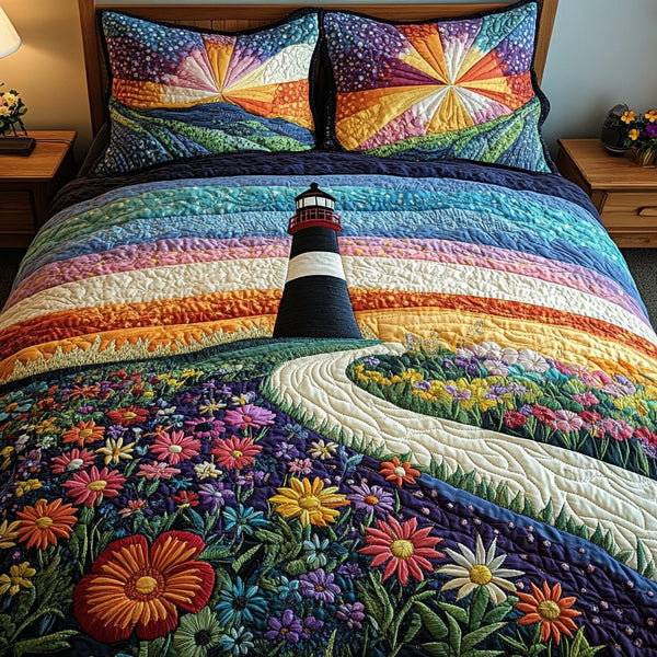 Beacon of Hope quilted 3-piece bedding set on a made bed with two matching pillow shams