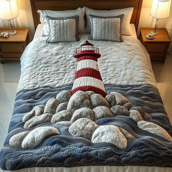 Beacon of Hope quilted 3-piece bedding set on a made bed with two matching pillow shams