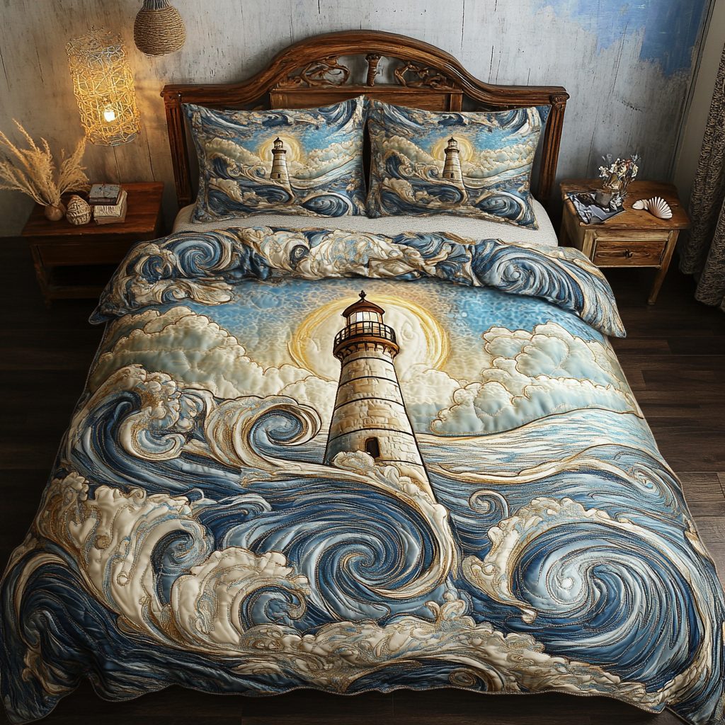 Beacon of Hope quilted 3-piece bedding set on a made bed with two matching pillow shams