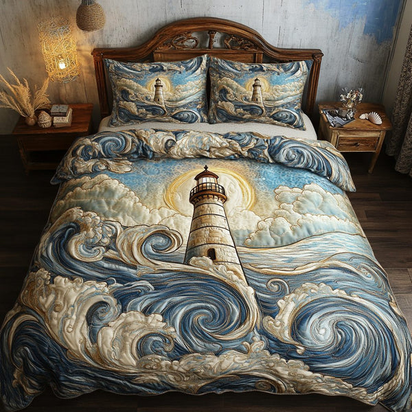 Beacon of Hope quilted 3-piece bedding set on a made bed with two matching pillow shams