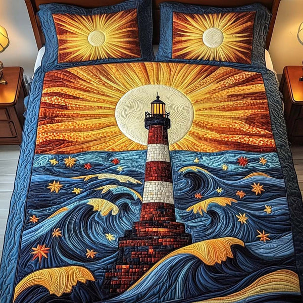 Beacon Sunrise quilted 3-piece bedding set on a made bed with two matching pillow shams