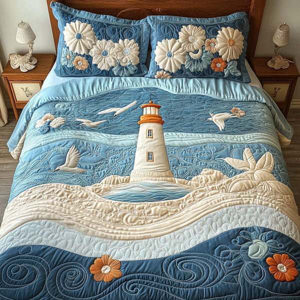 Beacon Waves quilted 3-piece bedding set on a made bed in a light coastal bedroom