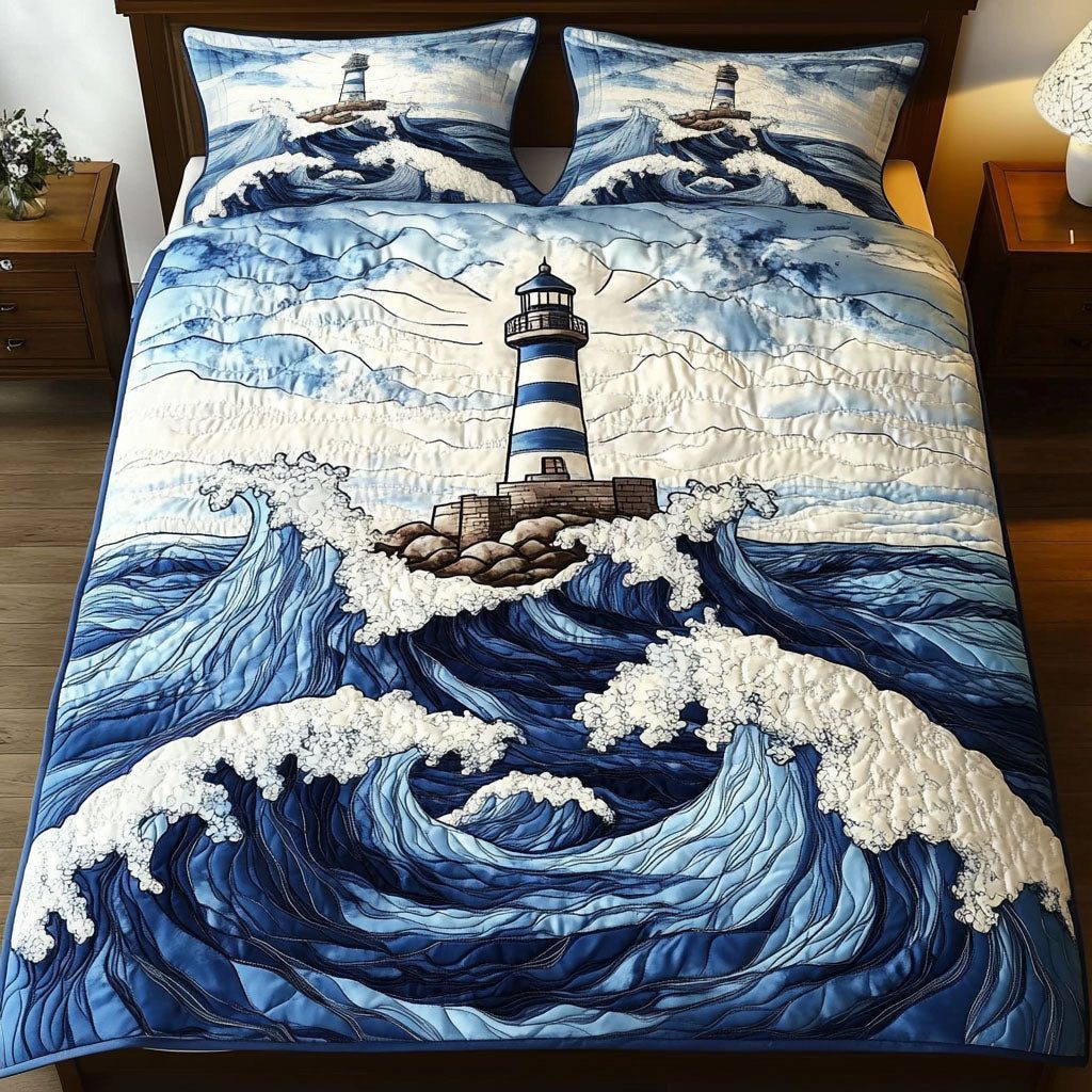 Beacon Waves quilted 3-piece bedding set on a made bed in a light coastal bedroom