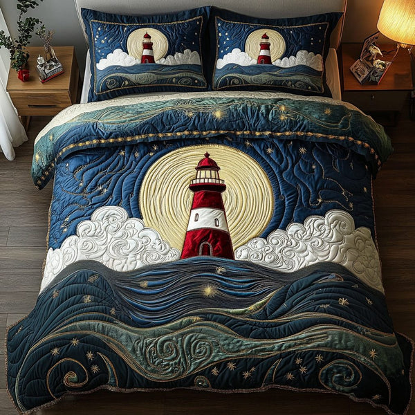 Beacon Waves quilted 3-piece bedding set on a made bed in a light coastal bedroom